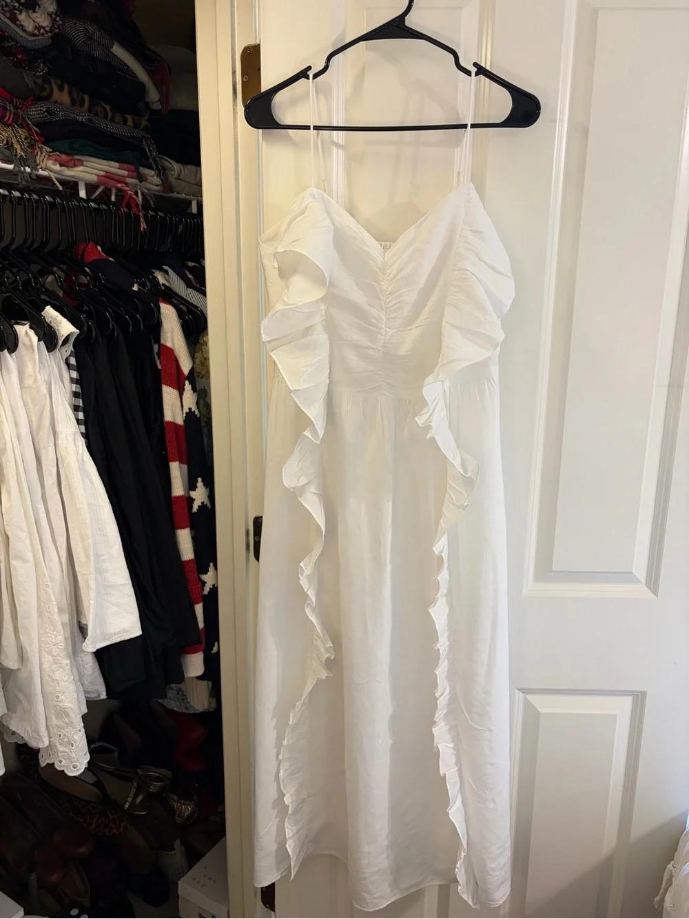 H&M White Ruffle Linen Blend Midi Dress with Spaghetti Straps - Picture 1 of 8